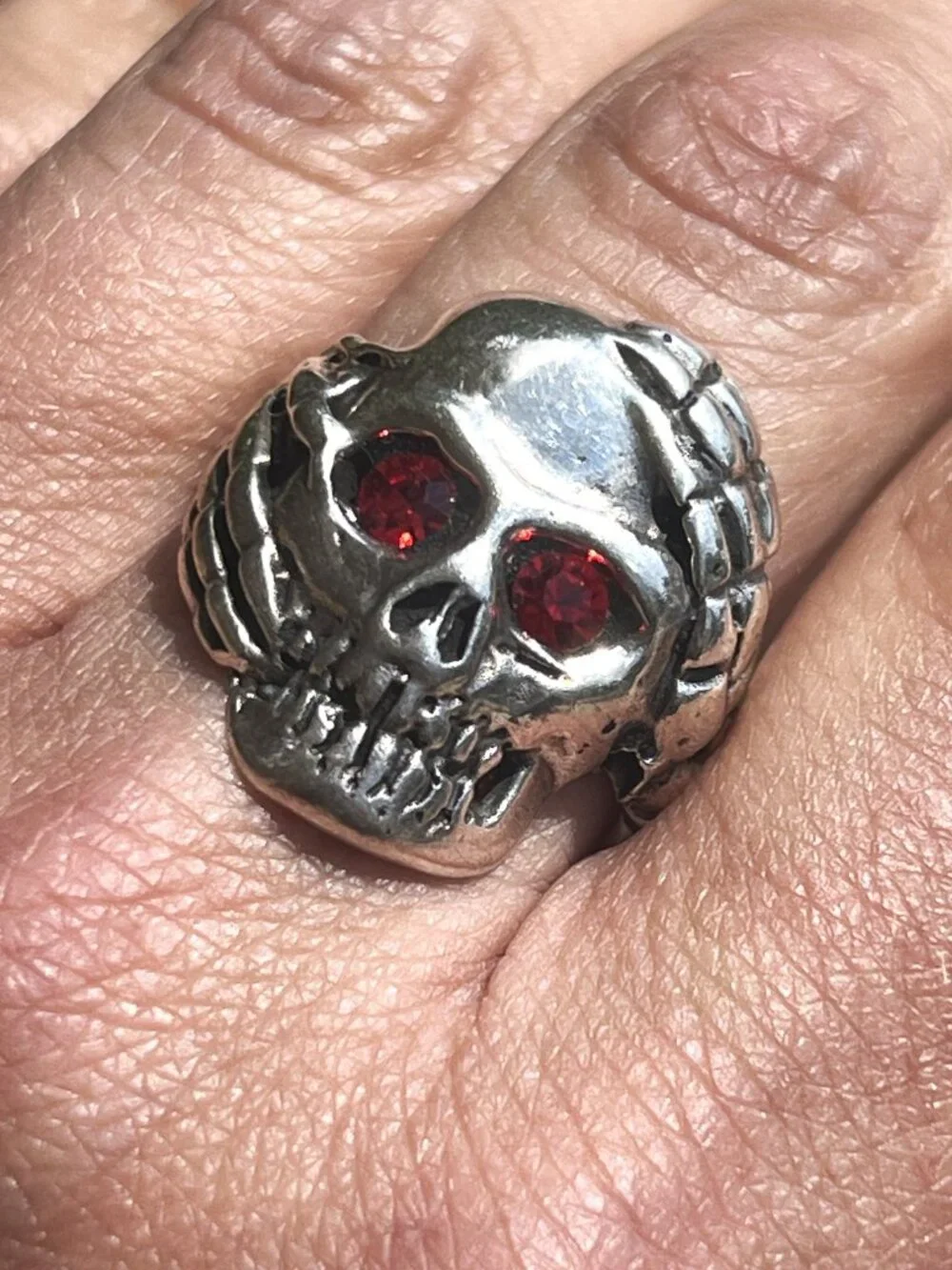 925 Silver Men's Gothic Skull Ring w/ Red Crystal Eyes & Skeleton Hands - Sz. 12